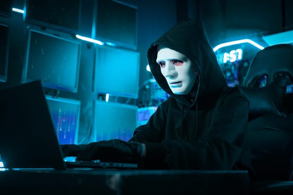 A Hacker is using laptop computer to steal data