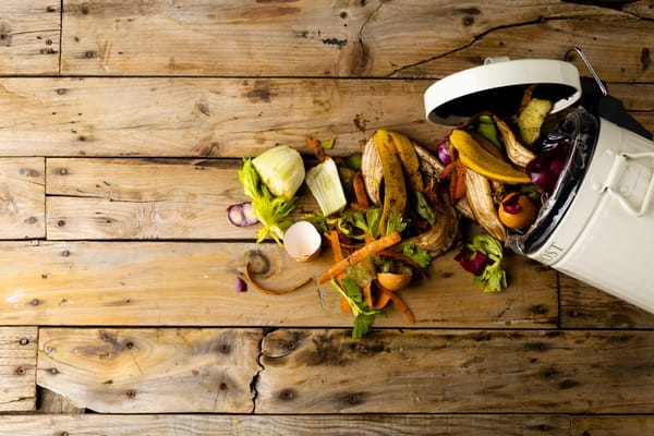 Bioabfälle aus Obst und Gemüse, die aus einem offenen Kompostbehälter in der Küche austreten